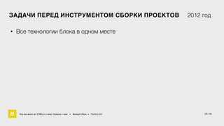 ЗАДАЧИ ПЕРЕД ИНСТРУМЕНТОМ СБОРКИ ПРОЕКТОВ 2012 год 
15/ 60 
• Все технологии блока в одном месте 
Как мы жили до БЭМа и к чему пришли с ним • Воищев Иван • Factory.mn 
 