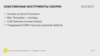 СОБСТВЕННЫЕ ИНСТРУМЕНТЫ СБОРКИ 2012-2013 
18 / 60 
• Основа на Zend Framework 
• Blitz Templates + хелперы 
• Собственная система сборки 
• Поддержали БЭМ структуру хранения файлов 
Как мы жили до БЭМа и к чему пришли с ним • Воищев Иван • Factory.mn 
 