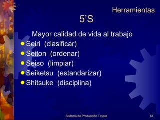 5’S Mayor calidad de vida al trabajo Seiri  (clasificar) Seiton  (ordenar) Seiso  (limpiar) Seiketsu  (estandarizar) Shitsuke  (disciplina) Sistema de Producción Toyota Herramientas 
