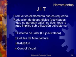 J I T Producir en el momento que es requerido. Reducción de desperdicios (actividades que no agregan valor) es decir todo lo que implica sub-utilización del sistema. Sistema de Producción Toyota Herramientas Sistema de Jalar (Flujo Nivelado). Células de Manufactura. KAMBAN. Control Visual. 