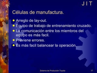 Células de manufactura. Arreglo de lay-out. Equipo de trabajo de entrenamiento cruzado. La comunicación entre los miembros del equipo es más facil. Previene errores. Es más facil balancear la operación. Sistema de Producción Toyota J I T 
