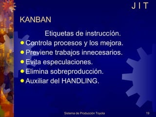 KANBAN Etiquetas de instruccíón. Controla procesos y los mejora. Previene trabajos innecesarios. Evita especulaciones. Elimina sobreproducción. Auxiliar del HANDLING. Sistema de Producción Toyota J I T 