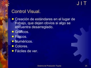 Control Visual. Creación de estándares en el lugar de trabajo, que dejen obvios si algo se encuentra desarreglado. Gráficos. Físicos. Numéricos. Colores. Fáciles de ver. Sistema de Producción Toyota J I T 