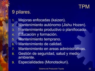 9 pilares. Mejoras enfocadas (kaizen). Mantenimiento autónomo (Jishu Hozen). Mantenimiento productivo o planifiocado. Educación y formación. Mantenimiento temprano. Mantenimiento de calidad. Mantenimiento en areas administrativas. Gestión de seguridad, salud y medio ambiente. Especialidades (Monotsokuri). Sistema de Producción Toyota TPM 