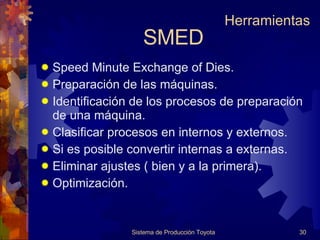 SMED Speed Minute Exchange of Dies. Preparación de las máquinas. Identificación de los procesos de preparación de una máquina. Clasificar procesos en internos y externos. Si es posible convertir internas a externas. Eliminar ajustes ( bien y a la primera). Optimización. Sistema de Producción Toyota Herramientas 
