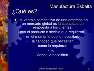 ¿Qué es? La  ventaja competitiva de una empresa en un mercado global es la capacidad de respuesta a los clientes: - con el producto o sevicio que requieren. en el momento que lo necesitan. la cantidad que necesitan. como lo requieran. y. donde lo necesiten. Sistema de Producción Toyota Manufactura Esbelta 