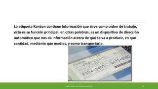 La etiqueta Kanban contiene información que sirve como orden de trabajo,
esta es su función principal, en otras palabras, es un dispositivo de dirección
automático que nos da información acerca de qué se va a producir, en que
cantidad, mediante que medios, y como transportarlo.
21MCG. ELIZABETH ECHEVERRY SALDARRIAGA
 