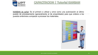 KANBAN de señal: Es el primero a utilizar y sirve como una autorización al último
puesto de procesamiento (generalmente el de ensamblado) para que ordene a los
puestos anteriores a empezar a procesar los materiales.
MCG. ELIZABETH ECHEVERRY SALDARRIAGA 33
 