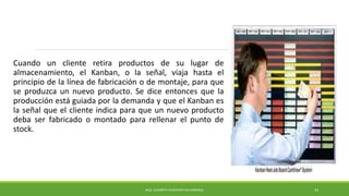 Cuando un cliente retira productos de su lugar de
almacenamiento, el Kanban, o la señal, viaja hasta el
principio de la línea de fabricación o de montaje, para que
se produzca un nuevo producto. Se dice entonces que la
producción está guiada por la demanda y que el Kanban es
la señal que el cliente indica para que un nuevo producto
deba ser fabricado o montado para rellenar el punto de
stock.
MCG. ELIZABETH ECHEVERRY SALDARRIAGA 43
 
