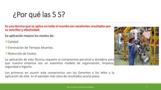 ¿Por qué las 5 S?
Es una técnica que se aplica en todo el mundo con excelentes resultados por
su sencillez y efectividad.
Su aplicación mejora los niveles de:
Calidad.
Eliminación de Tiempos Muertos.
Reducción de Costos.
La aplicación de esta Técnica requiere el compromiso personal y duradera para
que nuestra empresa sea un autentico modelo de organización, limpieza,
seguridad e higiene.
Los primeros en asumir este compromiso son los Gerentes y los Jefes y la
aplicación de esta es el ejemplo más claro de resultados acorto plazo.
MCG. ELIZABETH ECHEVERRY SALDARRIAGA 7
 