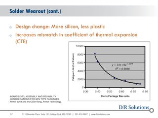 Solder Wearout (cont.)

o    Design change: More silicon, less plastic
o    Increases mismatch in coefficient of thermal expansion
     (CTE)




BOARD LEVEL ASSEMBLY AND RELIABILITY
CONSIDERATIONS FOR QFN TYPE PACKAGES,
Ahmer Syed and WonJoon Kang, Amkor Technology.




17
                                                              17
 