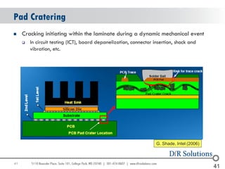 Pad Cratering
    Cracking initiating within the laminate during a dynamic mechanical event
        In circuit testing (ICT), board depanelization, connector insertion, shock and
         vibration, etc.




                                                                    G. Shade, Intel (2006)



41                                                                                             41
                                                                                             41
 