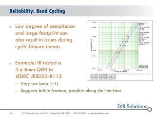 Reliability: Bend Cycling

o    Low degree of compliance
     and large footprint can
     also result in issues during
     cyclic flexure events

o    Example: IR tested a
     5 x 6mm QFN to
     JEDEC JESD22-B113
     o   Very low beta (~1)
     o   Suggests brittle fracture, possible along the interface



46
                                                                   46
 