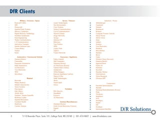 DfR Clients
                Military / Avionics / Space                     Server / Telecom                       Industrial / Power
o       Rockwell Collins                      o   Lucent Technologies                    Schlumberger
o       DRS                                   o   Sun Microsystems                       Copeland
o       Honeywell                             o   Cisco Systems                          Tennant
o       Applied Data Systems                  o   Artesyn Communications                 Rosemount
o       Mercury Computers                     o   Corvis Communications                  Branson
o       Digital Receiver Technology           o   Huawei (China)                         Computer Process Controls
o       Hamilton Sundstrand                   o   Airgo Networks                         ASCO Power
o       Kato Engineering                      o   Verigy                                 ASCO Valve
o       Thales Communications                 o   Antares ATT                            Astec
o       L-3 Communications                    o   Enterasys                              Liebert
o       Innovative Concepts                   o   True Position                          Avansys
o       Sandia National Labs                  o   HiFN                                   Tyco Electronics
o       Crane (Eldec)                         o   Cedar Point                            Rainbird
o       ViaSat                                o   Optics1                                MicroMotion
o       Eaton                                 o   Tropos Networks                        Siemens
                                                                                         Barco
           Automotive / Commercial Vehicle                   Consumer / Appliance        Calex
o       General Motors                        o   Fujitsu (Japan)                        Western Geco (Norway)
o       Caterpillar                           o   Dell Computers                         General Electric
o       Panasonic Automotive                  o   Samsung (Korea)                        Ingersoll Rand
o       Hella Automotive                      o   LG Electronics (Korea)                 Fusion UV
o       LG Electronics                        o   Tubitak Mam (Turkey)                   Numatics
o       Tyco Electronics                      o   Insinkerator                           Durotech
o       TRW                                   o   White Rodgers                          Danaher Motion
o       MicroHeat                             o   Emerson Appliance Controls             TallyGencom
                                              o   Therm-O-Disc                           Vision Research
                         Medical              o   NMB Technologies                       Olympus NDT
o       Biotronik                             o   Shure
o       Philips Medical                       o   Handi-Quilt                                             Components
o       Abbott Laboratories                   o   Xerox                                  Fairchild Semiconductor
o       Tecan Systems                                                                    Maxtek
o       Neuropace                                                  Portables             Samsung ElectroMechanics (Korea)
o       Inter-Metro                           o   RSA Security                           Pulse
o       Welch Allyn                           o   Handheld                               Teradyne
o       Guidant / Boston Scientific           o   Kyocera                                Amphenol
o       Beckman Coulter                       o   LG Electronics                         AVX
o       Applied Biosystems                                                               Anadigics
o       Cardinal Health                                   Contract Manufacturers         Kemet
o       Medtronic                             o   Daeduck (Korea)                        NIC
o       Cardiac Science                       o   Gold Circuit Electronics (Taiwan)      Graftech
                                              o   Engent                                 International Rectifier
                                              o   EIT


    5
 