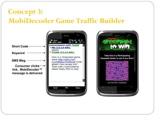 Concept 3: 
MobiDecoder Game Traffic Builder 
Short Code 
Keyword 
SMS Msg. 
Consumer clicks 
link, MobiDecoder™ 
message is delivered 
 