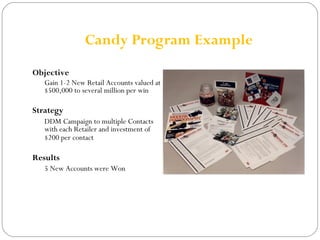 Candy Program Example 
Objective 
Gain 1-2 New Retail Accounts valued at 
$500,000 to several million per win 
Strategy 
DDM Campaign to multiple Contacts 
with each Retailer and investment of 
$200 per contact 
Results 
5 New Accounts were Won 
 