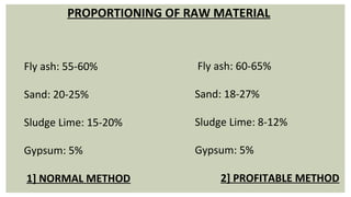 PROPORTIONING OF RAW MATERIAL
Fly ash: 55-60%
Sand: 20-25%
Sludge Lime: 15-20%
Gypsum: 5%
1] NORMAL METHOD
Fly ash: 60-65%
Sand: 18-27%
Sludge Lime: 8-12%
Gypsum: 5%
2] PROFITABLE METHOD
 