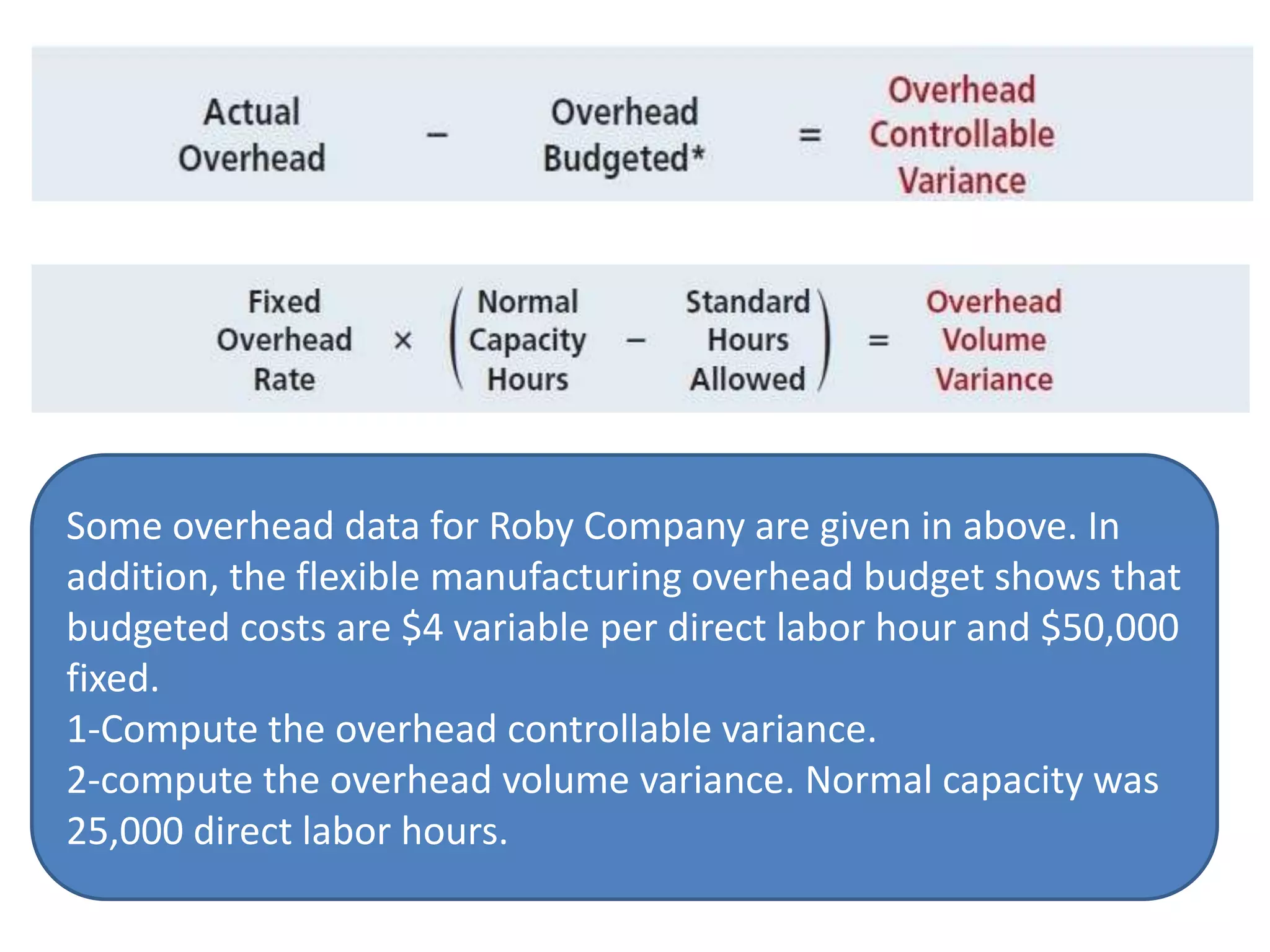 Some overhead data for Roby Company are given in above. In
addition, the flexible manufacturing overhead budget shows that
budgeted costs are $4 variable per direct labor hour and $50,000
fixed.
1-Compute the overhead controllable variance.
2-compute the overhead volume variance. Normal capacity was
25,000 direct labor hours.
 