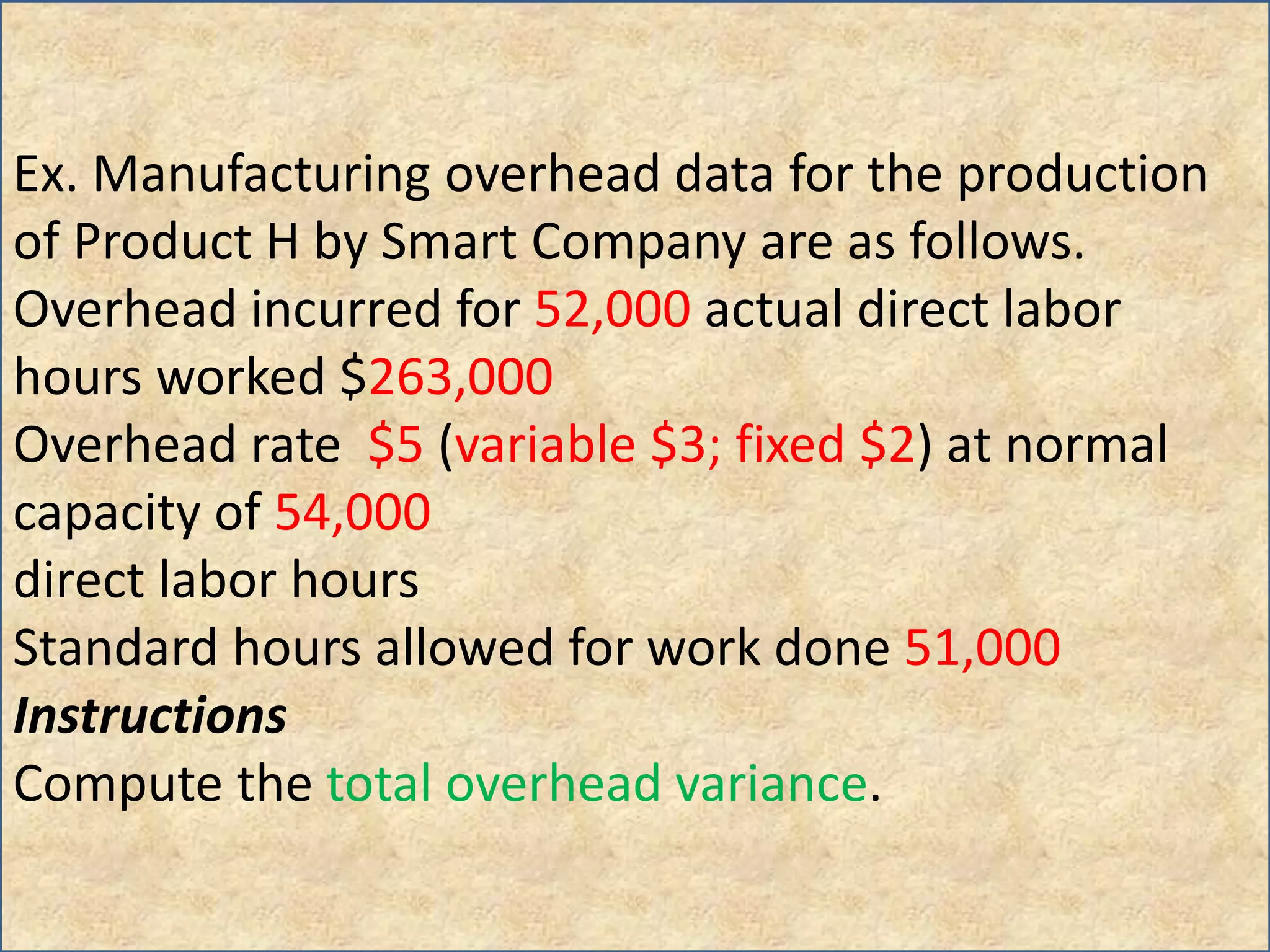 Ex. Manufacturing overhead data for the production
of Product H by Smart Company are as follows.
Overhead incurred for 52,000 actual direct labor
hours worked $263,000
Overhead rate $5 (variable $3; fixed $2) at normal
capacity of 54,000
direct labor hours
Standard hours allowed for work done 51,000
Instructions
Compute the total overhead variance.
 