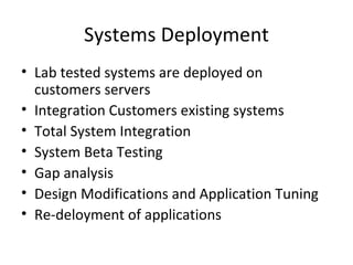 Systems Deployment Lab tested systems are deployed on customers servers Integration Customers existing systems Total System Integration System Beta Testing Gap analysis Design Modifications and Application Tuning Re-deloyment of applications 