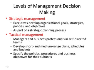 Levels of Management Decision Making Strategic management Executives develop organizational goals, strategies, policies, and objectives  As part of a strategic planning process Tactical management Managers and business professionals in self-directed teams  Develop short- and medium-range plans, schedules and budgets  Specify the policies, procedures and business objectives for their subunits 9- 