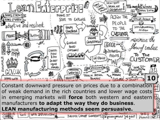 Constant downward pressure on prices due to a combination
of weak demand in the rich countries and lower wage costs
in emerging markets will force both western and eastern
manufacturers to adapt the way they do business.
LEAN manufacturing methods seem persuasive.
10
 