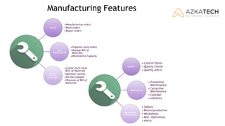 Manufacturing Features
Manage
•Manufacturing orders
•Work orders
•Repair orders
Plan
Manufacturing
•Organize work orders
•Manage Bill of
Materials
•WorkCentre Capacity
Define
Flexible
Master Data
•Create multi-level
Bills of Materials
•Optional routing
•Version changes
•Phantom of Bill of
Materials
Quality
• Control Points
• Quality Checks
• Quality Alerts
Maintenance
• Preventive
Maintenance
• Corrective
Maintenance
• Calendar
• Statistics
WorkCentre
Control Panel
• Tablets
• Record production
• Worksheets
• Misc. Operations
• Alerts
 