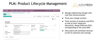 PLM: Product Lifecycle Management
 Manage engineering changes with
real-time communication.
 Track your change versions
 Track versions of products and ECO's
as well as their respective
documents. Merge different ECO's
corresponding to the same BoM.
 Store plans and worksheet directly
on bill of materials and routings.
 
