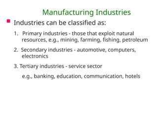 Manufacturing Industries
 Industries can be classified as:
1. Primary industries - those that exploit natural
resources, e.g., mining, farming, fishing, petroleum
2. Secondary industries - automotive, computers,
electronics
3. Tertiary industries - service sector
e.g., banking, education, communication, hotels
 