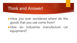 Think and Answer!
Have you ever wondered where do the
goods that you use come from?
How do industries manufacture car
equipment?
 