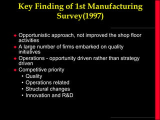 Key Finding of 1st Manufacturing
Survey(1997)






Opportunistic approach, not improved the shop floor
activities
A large number of firms embarked on quality
initiatives
Operations - opportunity driven rather than strategy
driven
Competitive priority
• Quality
• Operations related
• Structural changes
• Innovation and R&D

 