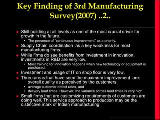 Key Finding of 3rd Manufacturing
Survey(2007) ..2..


Skill building at all levels as one of the most crucial driver for
growth in the future.
• The presence of “continuous improvement” as a priority.




Supply Chain coordination as a key weakness for most
manufacturing firms.
While firms do see benefits from investment in innovation,
investments in R&D are very low.
• Most training for innovation happens when new technology or equipment is
purchased.




Investment and usage of IT on shop floor is very low.
Three areas that have seen the maximum improvement are:
overall quality as perceived by the customers,
• average customer defect rates, and
• delivery lead times. However, the variance across lead times is very high.



Small firms that are customizing requirements of customers are
doing well. This service approach to production may be the
distinctive mark of Indian manufacturing.

 