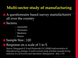 Multi-sector study of manufacturing




A questionnaire based survey manufacturers
all over the country
Sectors:
–
–
–
–




Automobile
Electronics
Machinery
Process

Sample Size : 120
Response on a scale of 1 to 5.
Source: Dangayach G S and Deshmukh S G (2008) Implementation of
Manufacturing strategy: A multi-sectoral study of Indian manufacturing
industry, In J of Services and Operations Management, 4(1), 1-33

 