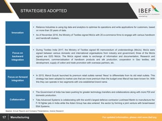 For updated information, please visit www.ibef.orgManufacturing17
STRATEGIES ADOPTED
Source: Annual Reports and Company Presentations, Aranca Research
 Reliance Industries is using big data and analytics to optimise its operations and write applications for customers, based
on more than 30 years of data.
 As of November 2016, the Ministry of Textiles signed MoUs with 20 e-commerce firms to engage with various handloom
and handicraft clusters.
Innovation
Focus on forward
integration
 In 2015, Maruti Suzuki launched its premium retail outlets named ‘Nexa’ to differentiate from its old retail outlets. This
strategy has been adopted to market cars that are more premium than the budget ones Maruti has been known for. With
this they can operate in two segments with one established brand name.
Focus on
backward
integration
 During Textiles India 2017, the Ministry of Textiles signed 65 memorandum of understandings (MoUs). MoUs were
signed between various domestic and international organisations from industry and government; three of the MoUs
signed are G2G MoUs. The MoUs signed relate to exchange of information and documentation, Research and
Development, commercialisation of handloom products and silk production, cooperation in Geo textiles, skill
development, supply of cotton and trade promotion with overseas partners, etc.
Collaboration
 The Government of India has been pushing for greater technology transfers and collaborations along with more FDI and
domestic production.
 Tata Advanced Systems is collaborating with the world’s largest defence contractor Lockheed Martin to manufacture the
F-16 fighter jets in India while the Adani Group has also entered the sector by forming a joint venture with Israel-based
Elbit Systems.
 