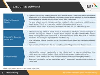 For updated information, please visit www.ibef.orgManufacturing3
 Organised manufacturing is the biggest private sector employer in India. Overall, more than 30 million people
are employed by the sector (organised and unorganised) and will become the engine of growth as it tries to
incorporate the huge available workforce in India most of which is semi-skilled.
 The sector will push growth in the rural areas where more than 5 million manufacturing establishments are
already running. This will be the alternative available to the new generation of farmers.
 Government aims to achieve 25 per cent GDP share and 100 million new jobs in the sector by 2022.
EXECUTIVE SUMMARY
Pillar For Economic
Growth
 India’s manufacturing industry is already moving in the direction of industry 4.0 where everything will be
connected and every data point will be analysed. Indian companies are at the forefront of R&D and have
already become global leaders in areas such as pharmaceuticals and textiles. Areas such as automation
and robotics also receiving the required attention from the industry.
 Large international industrial production such as Cummins and Abbott already have manufacturing bases in
the country.
 Improvement in port infrastructure has also been a focus point of the government for the same reason.
Potential To Become A
Global Hub
 India has all the necessary ingredients for its major industrial push – a huge semi-skilled labour force,
multiple government initiatives like Make in India and high investments and a big domestic market.
 Necessary support infrastructure is being developed with areas such as power being the prime focus.
 Government incentives like free land to set up base and 24*7 power supply are making India competitive on
a global scale
Competitiveness
Source: Central Statistics Office, FICCI, PwC, Economic Survey of India
 