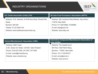 For updated information, please visit www.ibef.orgManufacturing32
INDUSTRY ORGANISATIONS
Visakhapatnam port traffic (million tonnes)The Textile Association (India) (TAI) All India Food Processors’ Association (AIFPA)
Address: 206, Aurbindo Place Market, Hauz Khas -
110016, New Delhi
Phone: 011-26510860, 41550860
E-mail: aifpa@vsnl.net
Website: www.aifpa.net
Address: 72-A, Santosh, Dr M B Raut Road, Shivaji Park,
Dadar,
Mumbai- 400 028
Telefax: 91 22 24461145
Website: www.textileassociationindia.org
Cement Manufacturers’ Association (CMA)
Address: CMA Tower
A-2E, Sector 24, Noida - 201301, Uttar Pradesh
Phone: 0120-2411955, 2411957, 2411958
E-mail: cmand@cmaindia.org
Website: www.cmaindia.org
Automotive Component Manufacturers Association of
India (ACMA)
Address: The Capital Court
6th Floor, Olof Palme Marg,
Munirka - 110067, New Delhi
Phone: +91-11-26160315
E-mail: acma@acma.in
Website: www.acma.in
 