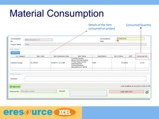 Material Consumption
Details of the item
consumed on project
Consumed Quantity
 