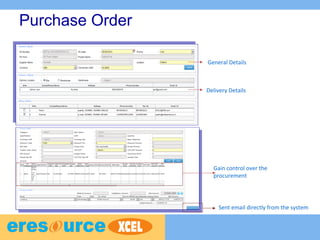Purchase Order
Sent email directly from the system
Gain control over the
procurement
General Details
Delivery Details
 