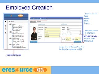 Employee Creation
Add new record
Save
Delete
Print
Export
SECURITY LEVEL
1.Email- Code
2.SMS-Code
Assign time and days of work to
be done by employee on ERP
ADMIN FEATURES
Role wise Access
to employee
 