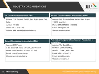 For updated information, please visit www.ibef.orgManufacturing32
INDUSTRY ORGANISATIONS
Visakhapatnam port traffic (million tonnes)The Textile Association (India) (TAI) All India Food Processors’ Association (AIFPA)
Address: 206, Aurbindo Place Market, Hauz Khas -
110016, New Delhi
Phone: 011-26510860, 41550860
E-mail: aifpa@vsnl.net
Website: www.aifpa.net
Address: 72-A, Santosh, Dr M B Raut Road, Shivaji Park,
Dadar,
Mumbai- 400 028
Telefax: 91 22 24461145
Website: www.textileassociationindia.org
Cement Manufacturers’ Association (CMA)
Address: CMA Tower
A-2E, Sector 24, Noida - 201301, Uttar Pradesh
Phone: 0120-2411955, 2411957, 2411958
E-mail: cmand@cmaindia.org
Website: www.cmaindia.org
Automotive Component Manufacturers Association of
India (ACMA)
Address: The Capital Court
6th Floor, Olof Palme Marg,
Munirka - 110067, New Delhi
Phone: +91-11-26160315
E-mail: acma@acma.in
Website: www.acma.in
 