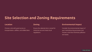 Site Selection and Zoning Requirements
Location
Choose a site with good access to
transportation, utilities, and skilled labor.
Zoning
Ensure the selected site is zoned for
industrial use and meets local
regulations.
Environmental Impact
Consider the environmental impact of
your manufacturing processes and
choose a site that minimizes pollution
and waste.
 
