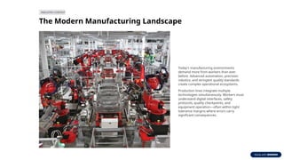 INDUSTRY CONTEXT
The Modern Manufacturing Landscape
Today's manufacturing environments
demand more from workers than ever
before. Advanced automation, precision
robotics, and stringent quality standards
create complex operational ecosystems.
Production lines integrate multiple
technologies simultaneously. Workers must
understand digital interfaces, safety
protocols, quality checkpoints, and
equipment operation—often within tight
tolerance margins where errors carry
significant consequences.
 