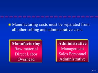 26 - 1
Manufacturing
Raw material
Direct Labor
Overhead
Administrative
Management
Sales Personnel
Administrative
 Manufacturing costs must be separated from
all other selling and administrative costs.
 