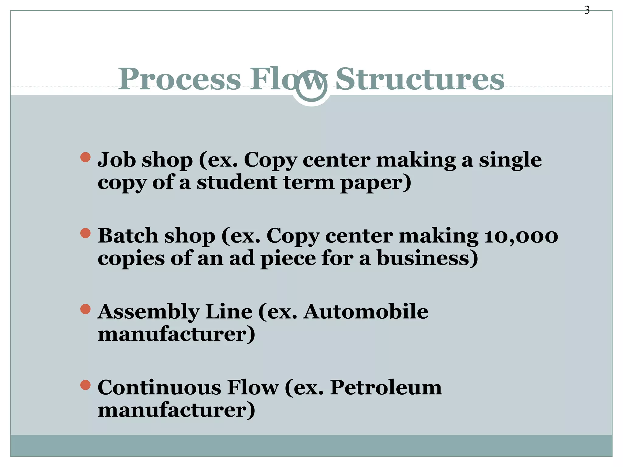 3
Process Flow Structures
Job shop (ex. Copy center making a single
copy of a student term paper)
Batch shop (ex. Copy center making 10,000
copies of an ad piece for a business)
Assembly Line (ex. Automobile
manufacturer)
Continuous Flow (ex. Petroleum
manufacturer)
 