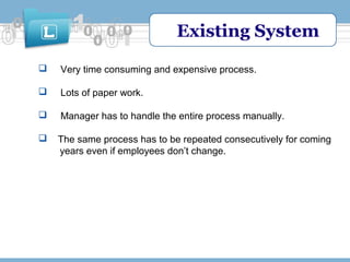 Existing System


Very time consuming and expensive process.



Lots of paper work.



Manager has to handle the entire process manually.



The same process has to be repeated consecutively for coming
years even if employees don’t change.

 
