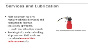 Services and Lubrication
• Most equipment requires
regularly scheduled servicing and
lubrication to maintain
satisfactory operations.
– Usually done at fixed time intervals
• Servicing tasks, such as checking
air pressure or fluid levels, are
considered on-condition
maintenance tasks.
Figure 69. Lubrication. Developed by LINCS in Supply Chain Management Consortium.
 