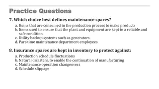 Practice Questions
7. Which choice best defines maintenance spares?
a. Items that are consumed in the production process to make products
b. Items used to ensure that the plant and equipment are kept in a reliable and
safe condition
c. Utility backup systems such as generators
d. Part-time maintenance department employees
8. Insurance spares are kept in inventory to protect against:
a. Production schedule fluctuations
b. Natural disasters, to enable the continuation of manufacturing
c. Maintenance operation changeovers
d. Schedule slippage
 