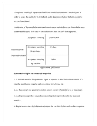 Acceptance sampling Control chart
Fraction defects
Measured variables
Acceptance sampling X-chart
By variables
P- chart
Acceptance sampling
By attributes
Acceptance sampling is a procedure in which a sample is drawn from a batch of parts in
order to assess the quality level of the batch and to determine whether the batch should be
accepted or rejected.
Application of the control charts derives from the same statistical concept. Control charts are
used to keep a record over time of certain measured data collected from a process.
Types of SQC procedures
Sensor technologies for automated inspection
1. A sensor is a device that produces a signal in response to detection or measurement of a
specific quantity or a property such as position, force, torque etc.
2. As they convert one quantity to another sensors also are often referred to as transducers
3. Analog sensors produce a signal such as voltage that is proportional to the measured
quantity.
4. Digital sensors have digital (numeric) output that can directly be transferred to computers.
 