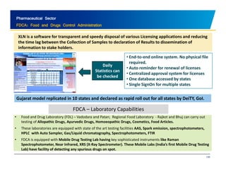 Pharmaceutical Sector 
FDCA: Food and Drugs Control Administration 
XLN is a software for transparent and speedy disposal of various Licensing applications and reducing 
the time lag between the Collection of Samples to declaration of Results to dissemination of 
information to stake holders. 
Daily 
Statistics can 
be checked 
• End‐to‐end online system. No physical file 
required. 
• Auto reminder for renewal of licenses 
• Centralized approval system for licenses 
• One database accessed by states 
• Single SignOn for multiple states 
Gujarat model replicated in 10 states and declared as rapid DeiTY GoI 
roll out for all states by DeiTY, GoI. 
FDCA – Laboratory Capabilities 
• Food and Drug Laboratory (FDL) – Vadodara and Patan; Regional Food Laboratory ‐ Rajkot and Bhuj can carry out 
i testing of f All hi Allopathic D Drugs, A di Ayurvedic D Drugs, H hi Homoeopathic D Drugs, C i Cosmetics, F Food dA i l 
Articles. 
• These laboratories are equipped with state of the art testing facilities AAS, Spark emission, spectrophotometers, 
HPLC with Auto Sampler, Gas/Liquid chromatography, Spectrophotometers, FTIR 
• FDCA is equipped with Mobile Drug Testing Lab having key sophisticated instruments like Raman 
Spectrophotometer, Near Infrared, XRS (X‐Ray Spectrometer). These Mobile Labs (India’s first Mobile Drug Testing 
Lab) have facility of detecting any spurious drugs on spot. 
130 
 
