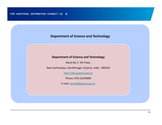 FOR ADDITIONAL INFORMATION CONNECT US @ 
Department of Science and Technology 
Department of Science and Technology 
Block No.7, 5th Floor, 
New Sachivalaya, Gandhinagar, Gujarat, India ‐ 382010 
http://dst.gujarat.gov.in/ 
Phone: 079‐23259999 
E‐mail: secdst@gujarat.gov.in 
140 
 